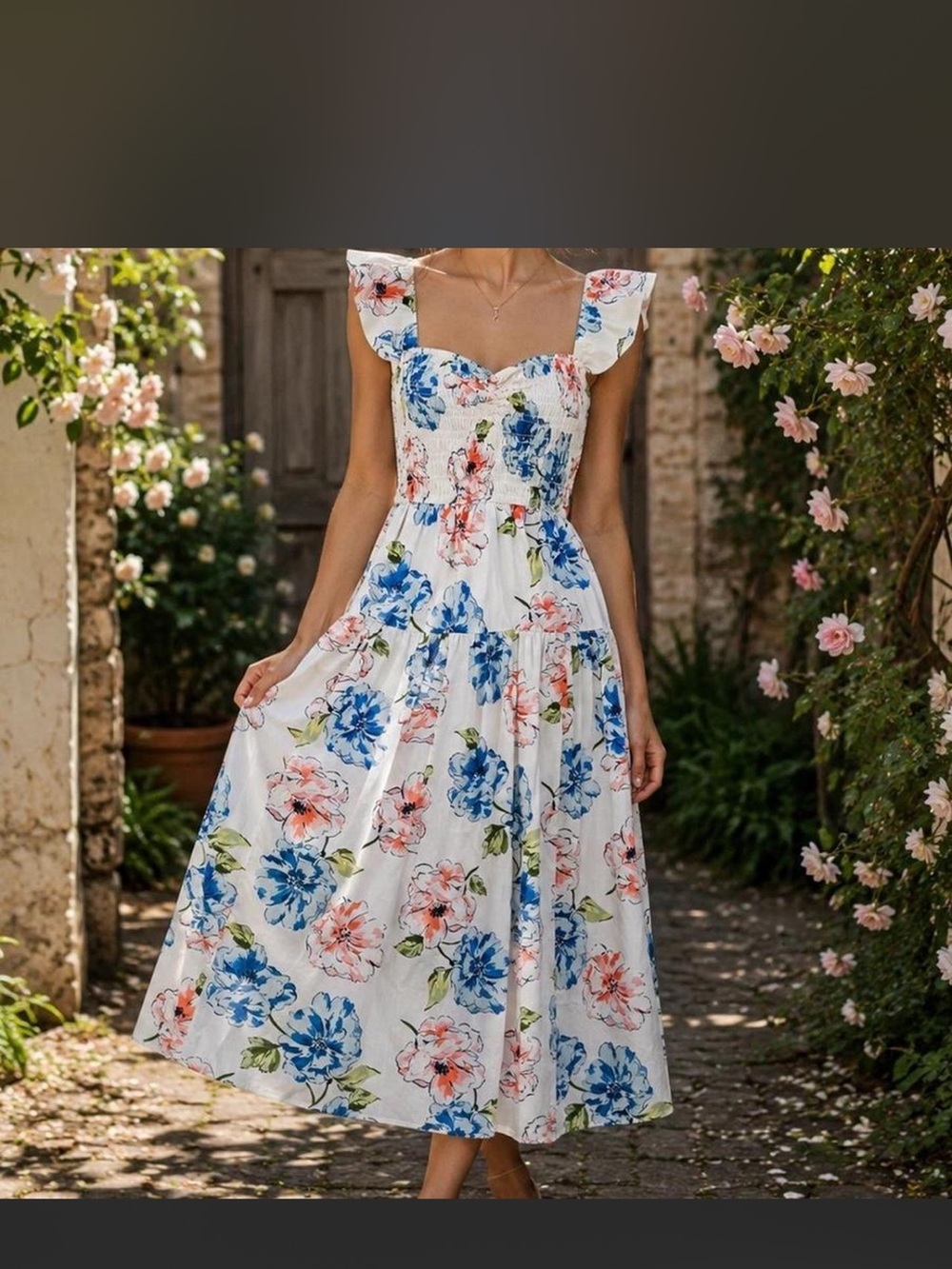 Abercrombie & Fitch White Floral Smocked Midi Dress with sweetheart neckline